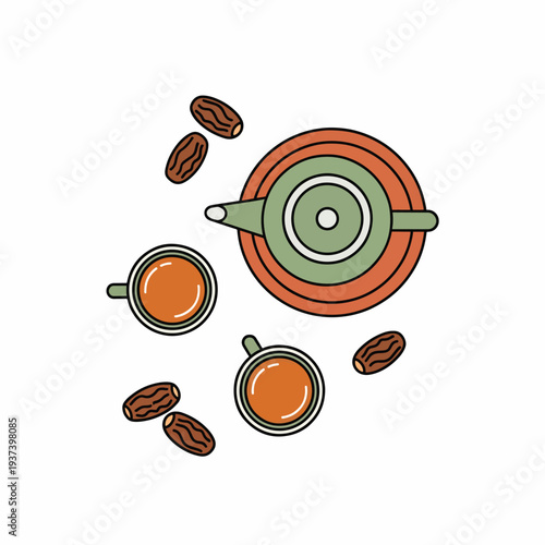 Teapot and Cups with Coffee Beans.