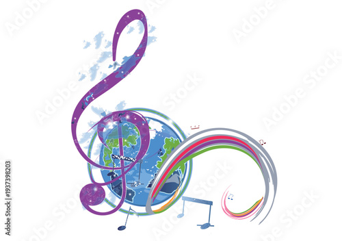 Abstract musical design with a treble clef and Planet Earth, colorful splashes, notes and waves.  Planet music. Hand drawn vector illustration.