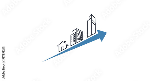 Buildings rising with growth arrow.