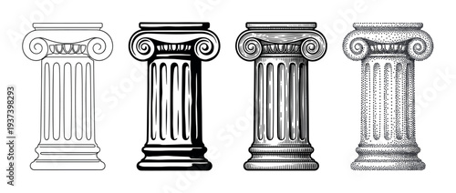 Four ancient Ionic columns illustrated in different graphic styles including line art, engraving, woodcut, and stippling, showcasing a classical architectural element