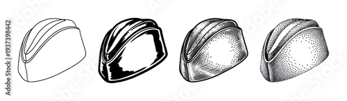 Four chocolate praline candy illustrations in different artistic styles, including simple line art, bold ink, detailed engraving with hatching, and stippling dotwork