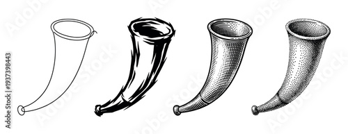 Collection of four vintage horn illustrations in black and white, showcasing diverse artistic styles from simple outline to detailed engraving and stippling
