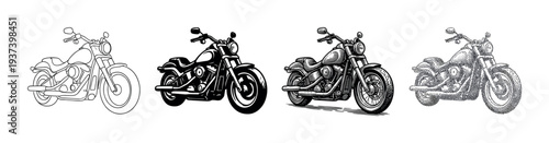 Set of four classic motorcycle illustrations in various graphic styles including outline, silhouette, engraving, and stippling dotwork