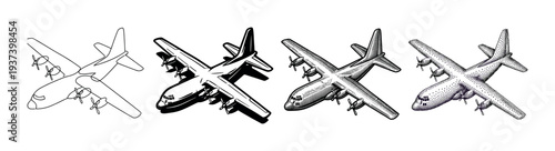 Four military transport aircraft illustrations in different artistic styles including line art, silhouette, engraving, and stippling, showing a turboprop cargo plane