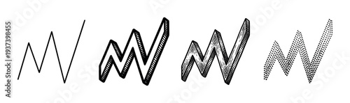 Set of four hand-drawn growth charts showing an upward trend, illustrated in various black and white doodle styles like line art, hatching, and stippling for data visualization