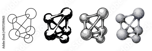 Set of four molecular structure illustrations showing an evolution of artistic styles from simple line art and ink sketch to detailed engraving and stippling dotwork