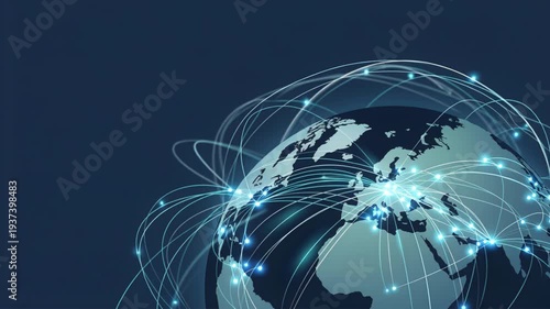 Wallpaper Mural Orbital global network globe map connecting cities with light trails and glowing nodes symbolizing connectivity digital communication and data Torontodigital.ca