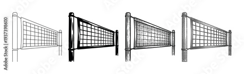 Set of four volleyball nets illustrated in different artistic black and white styles, including line art, bold ink, hatching, and stippling for sports and recreation concepts