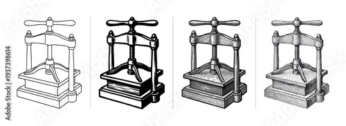 Vintage book press illustration set in four different graphic styles including line art, solid black, engraving, and stippling for a historical or artisanal concept