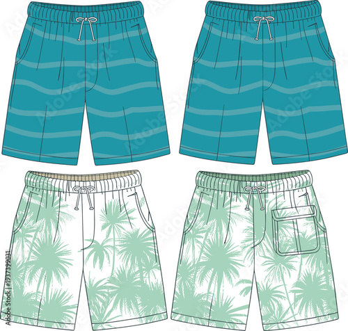 Flat vector CAD drawing of men's tropical board shorts with drawstring waistband, printed patterns, beachwear template, front and back views