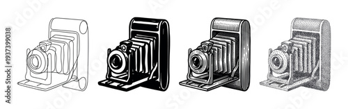 Four vintage folding bellows camera illustrations in a row showing different graphic styles including outline, silhouette, engraving, and stippling for a retro concept