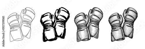 Collection of four boxing glove pairs hand-drawn in various graphic techniques like one line art, ink sketch, vintage engraving, and modern stippling for a creative concept