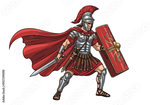 Roman Warrior in Silver Armor with Red Cloak.