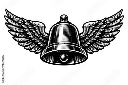 Vintage woodcut winged bell illustration in striking black & white engraving. Symbolizing freedom, sound, and a timeless call to action, this graphic is perfect for retro, traditional, inspiring desig