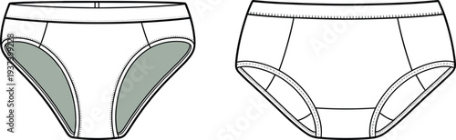 Flat vector CAD drawing of women’s underwear briefs with elastic waistband, stitched details, front and back technical fashion illustration