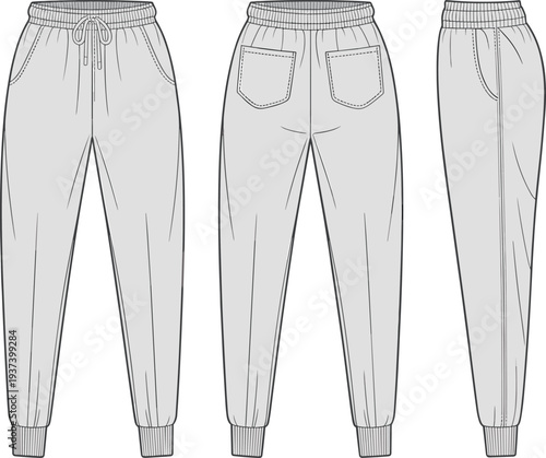 Flat vector CAD drawing of men’s jogger sweatpants with ribbed cuffs, drawstring waistband, pockets, technical front back side view