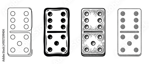 Set of four domino game pieces with a six-five value, illustrated in various monochrome techniques like outline, solid black, vintage hatching, and dotted stippling