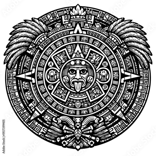 Detailed black and white Aztec calendar stone vector illustration featuring intricate Mesoamerican iconography, the Sun God Tonatiuh with a protruding tongue, complex glyphs, and feathered headdress e