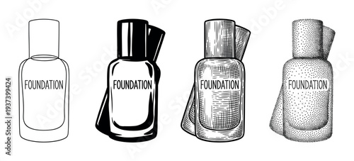 Four makeup foundation bottle illustrations in different artistic styles including line art, graphic silhouette, vintage engraving, and stippling for cosmetic concepts