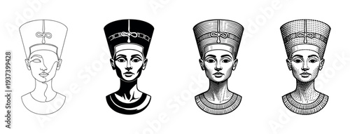 Four black and white graphic illustrations of an ancient Egyptian queen's bust showcase various artistic styles including continuous line art, silhouette, engraving, and stippling
