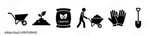 Set of black gardening and composting icons showing a wheelbarrow, sprout in soil, fertilizer bag, gardener, gloves, and shovel for agricultural or horticultural concepts