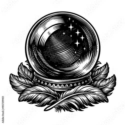 Engraved black and white crystal ball with mystical stars, ornate feather base. Ideal for spiritual, occult, divination, fortune-telling. Vintage woodcut embodies ancient prophecy, enigmatic foresight