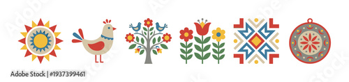 Collection of colorful folk art illustrations featuring a sun, bird, tree with birds, flowers, and geometric ornaments in a traditional, naive decorative style