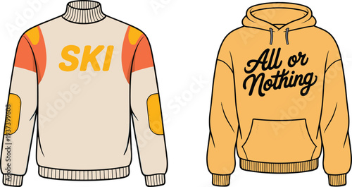 Flat vector fashion illustration of winter sweaters with typography print, front view of cozy hoodies for casual and streetwear design