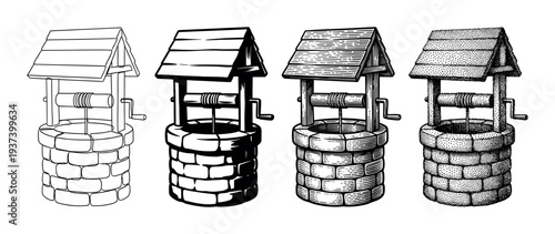 Four vintage water well illustrations in different artistic styles including line art, hatching, and stippling, showcasing a progression of hand-drawn rendering techniques