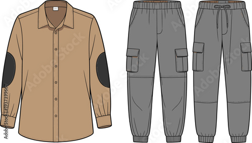 Flat vector fashion drawing of men's button-up shirt with elbow patches and utility cargo pants, front and back technical sketch