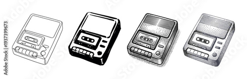 Set of four vintage cassette recorders illustrated in different black and white graphic styles, including line art, solid ink, detailed engraving, and stippling dotwork