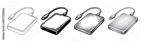 Set of four external hard drives illustrated in different graphic styles, including simple line art, bold ink, detailed hatching, and classic stippling techniques