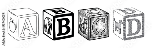Four black and white alphabet blocks spelling ABCD are illustrated in various artistic styles including line art, solid fill, engraving, and stippling with corresponding animal pictures