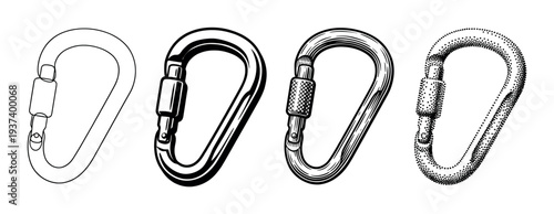 Set of four black carabiner illustrations showcasing different artistic styles including line art, bold graphic, detailed engraving, and stipple for climbing or safety concepts