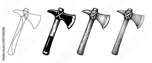 Four tomahawk axe illustrations in a collection of artistic styles, featuring continuous line art, bold silhouette, classic engraving, and detailed stippling techniques