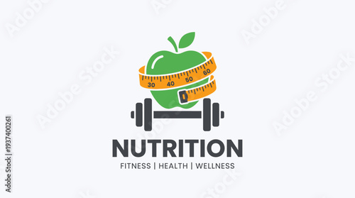 Nutrition Fitness Logo with Apple Measuring Tape and Dumbbell Healthy Lifestyle Concept