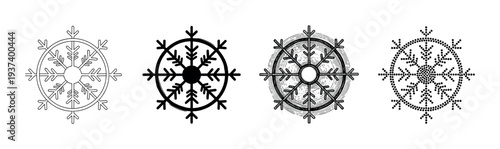 Four black snowflake icons in different graphic styles, including simple outline, solid silhouette, hand-drawn sketch, and a dotted pattern, creating a versatile winter symbol set