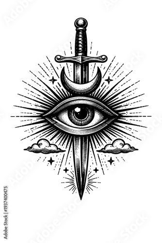 Mystical All-Seeing Eye of Providence, Celestial Crescent Moon, Engraved Sword, radiating Cosmic Rays, Stars, Ethereal Clouds. Esoteric emblem: spiritual enlightenment, vigilance, wisdom, protection,