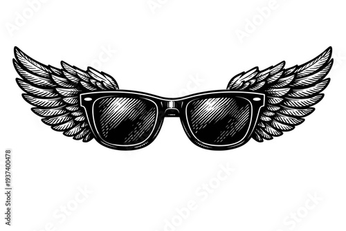 Cool retro vintage sunglasses with elegant stylized feather wings, an iconic symbol of freedom, travel, speed, and adventurous spirit in a classic black and white engraved woodcut design perfect for t