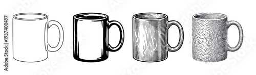 Four coffee mugs illustrated in different graphic styles including simple outline, solid silhouette, vintage engraving, and stippling, creating a black and white vector art set