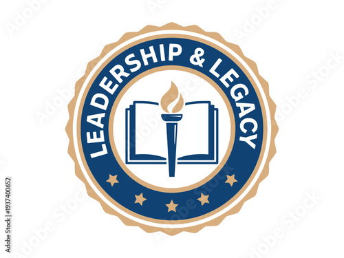 Leadership and Legacy Emblem with Torch, Book, and Stars on Blue and Gold Seal