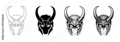 Set of four horned fantasy helmets presented in various graphic illustration styles including line art, silhouette, engraving, and halftone for a mythological villain concept