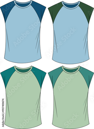 Flat vector CAD illustration of men’s color block sleeveless t-shirts, casual front view summer wear design in multiple color variations