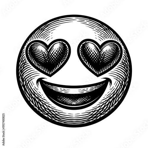 Vintage Engraved Love Emoji with Heart Eyes and Wide Smile Illustration. A charming black and white woodcut style graphic depicting deep affection, joy, and infatuation. Perfect for romantic themes, e