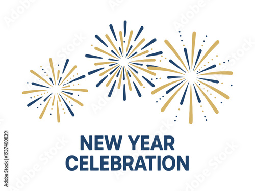 New Year Celebration Fireworks Graphic with Blue and Yellow Explosions on White Background