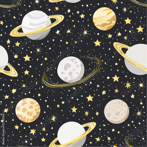 Galaxy seamless black pattern with gold nebula, constellations and stars