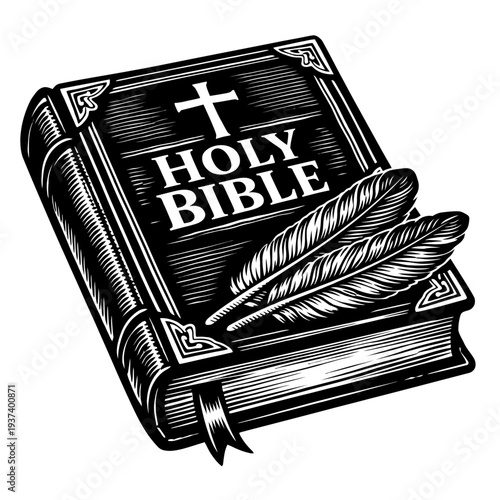 Vintage Holy Bible woodcut illustration with elegant quill pens, a classic cross emblem, and intricate decorative corners. Detailed black and white spiritual scripture book artwork, perfect for religi
