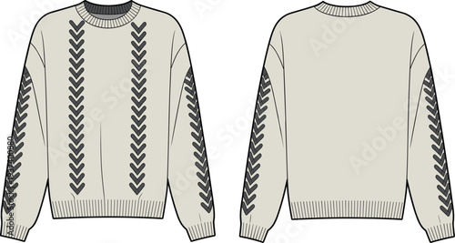 Flat vector fashion sketch of crewneck sweater with arrow knit pattern design on sleeves and front, front back views included