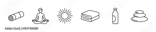 Set of black linear icons for yoga and meditation including a mat, lotus pose, sun, towels, water bottle, and zen stones in a minimalist graphic style for wellness concepts
