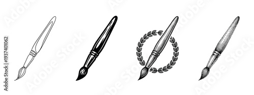 Set of four artist paintbrushes illustrated in various graphic styles including continuous line, silhouette, vintage engraving, and stippling for creative concepts